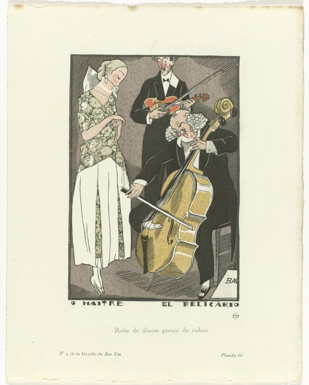 Gazette du Bon Ton，1920 年 - 第 9 期，第 66 插图：O Maitre el Relicario / 镶有丝带的晚宴礼服（标题在实物上） 作者 费尔南德·西蒙