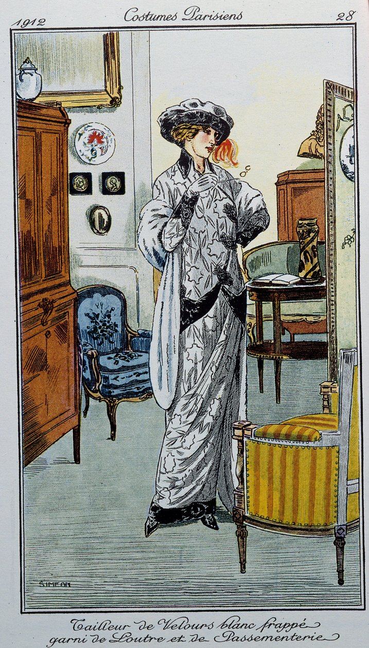 巴黎服装：白色天鹅绒裁缝，配以水獭和饰物Dessine，作者Fernand Simeon 作者 费尔南德·西蒙