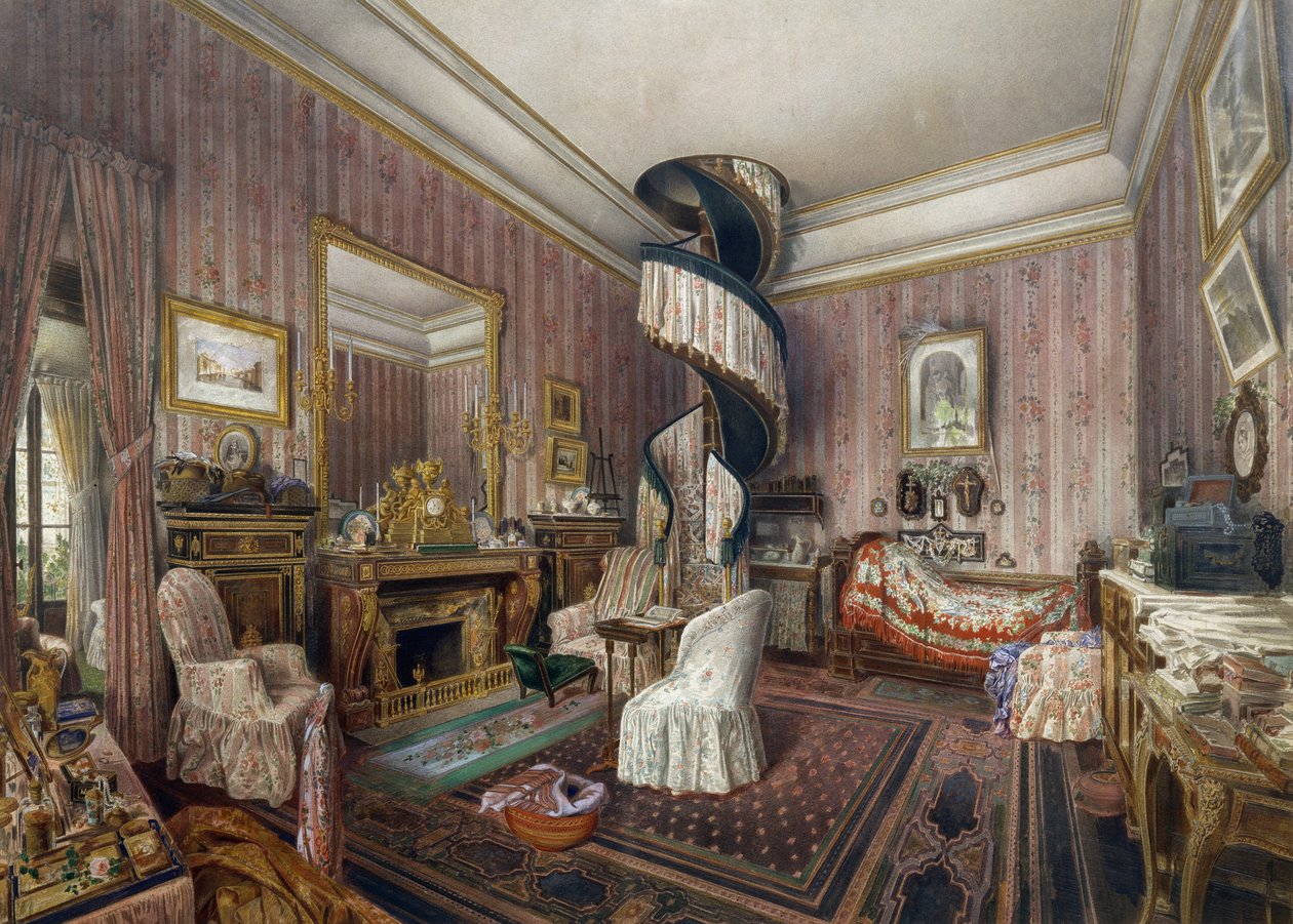 卧室，费尔南-佩雷斯-德-科尔多瓦（1820-1899）的水彩画。 作者 费尔南德·科尔多瓦·佩莱兹