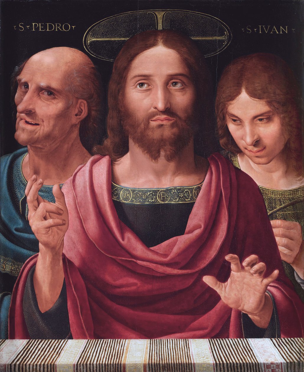 Salvator Mundi between Saints Peter and John, c.1507 (oil on wood) 作者 费尔南多·亚内兹·德·阿尔梅迪纳