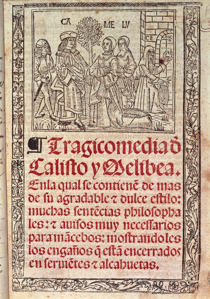 费尔南多-德-罗哈斯（Fernando de Rojas，1465-1541 年）1531 年出版的西班牙手稿《Celestina or Tragicomedia de Calisto y Melibea》封面上的羊皮纸缩影 作者 费尔南多德罗哈斯