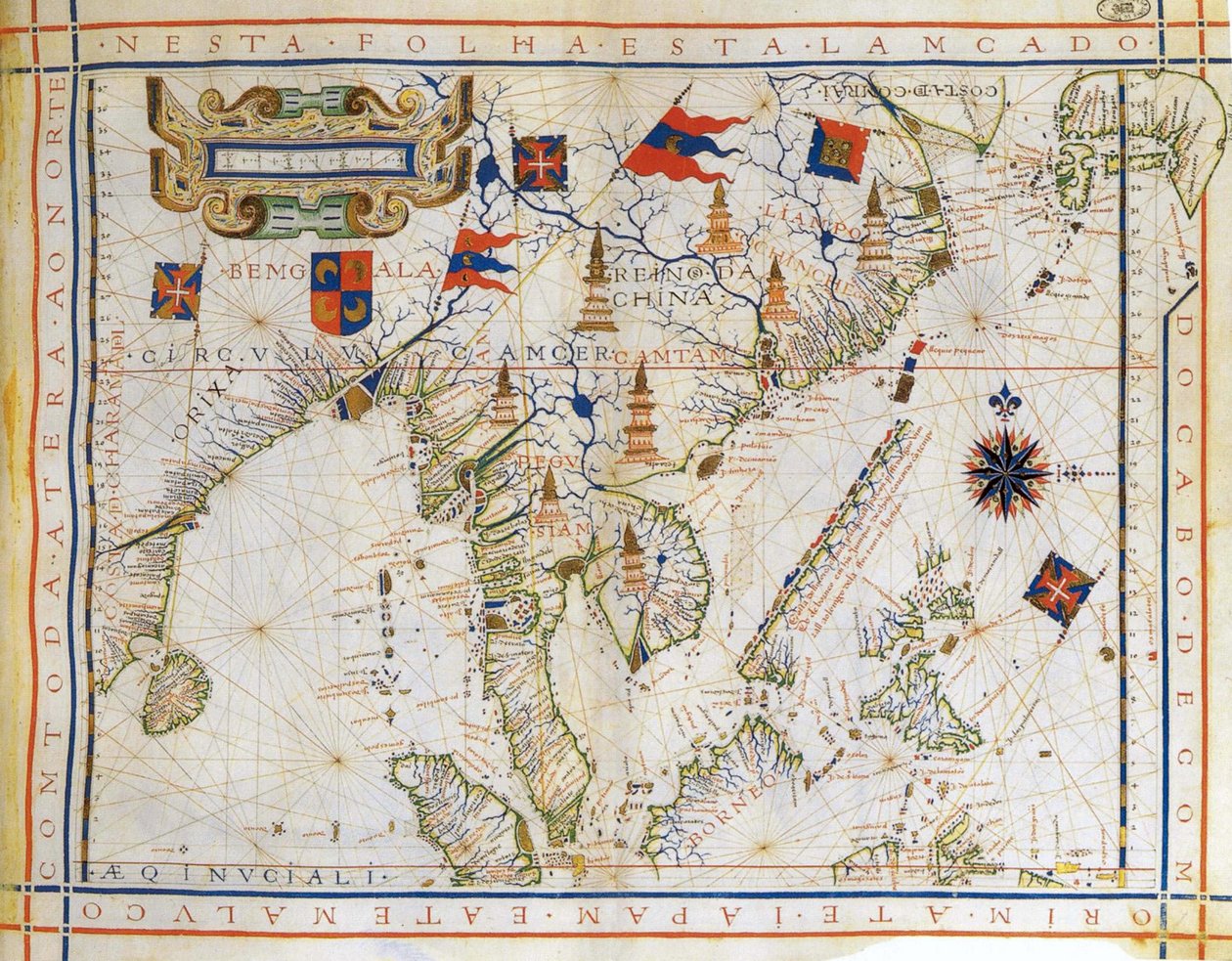 平面图，葡萄牙制图师 Fernao Vaz Dourado（约 1520 年至 1580 年）绘制的 1571 年前的墨卡托地图。该地图描绘了东印度、孟加拉湾、中国东南部、泰国、婆罗洲和日本。北回归线被命名为 "南回归线"。 作者 费尔纳·瓦兹·杜拉多