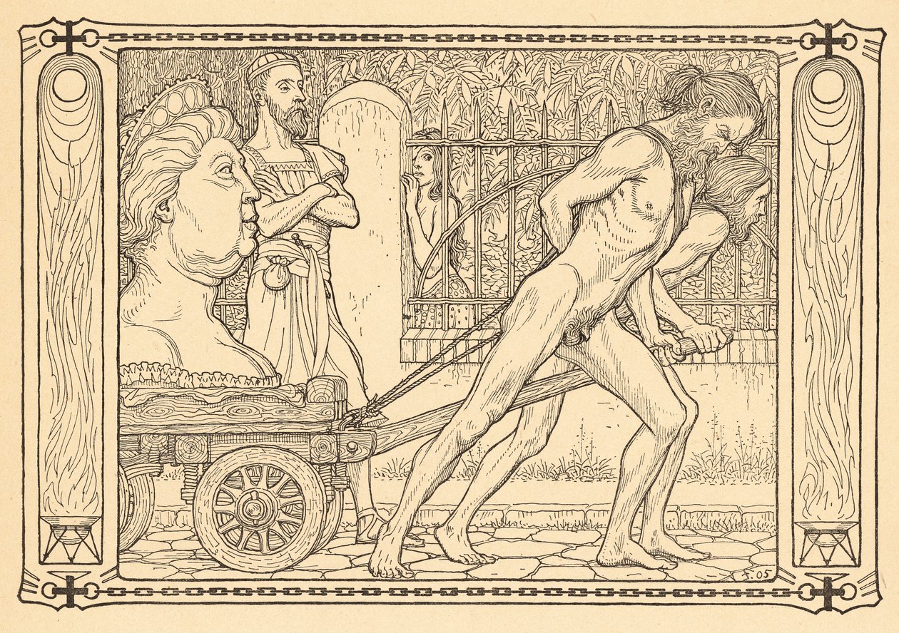 Vorm Karren der Gewoehnlichkeit》，图版 3，选自作品集《Lebenszeichen》，1908 年由 Fritz Heyder Verlag 在柏林出版。 作者 菲杜斯