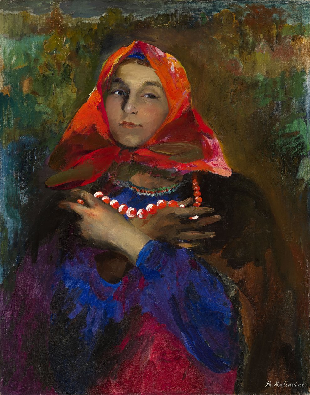 俄罗斯少女穿着红色的头巾 作者 菲利普（Filipp Andreevic Maljavin）