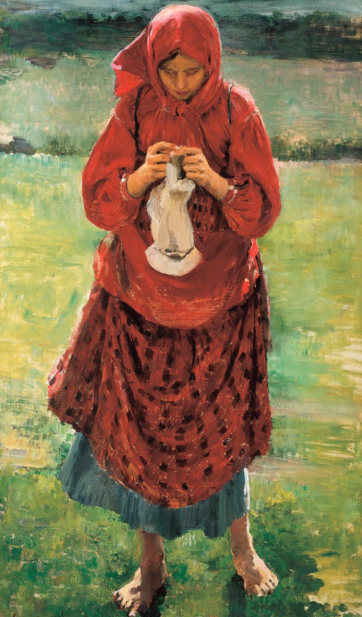 A young peasant woman knitting a stocking 作者 菲利普·安德烈耶维奇·马里亚温