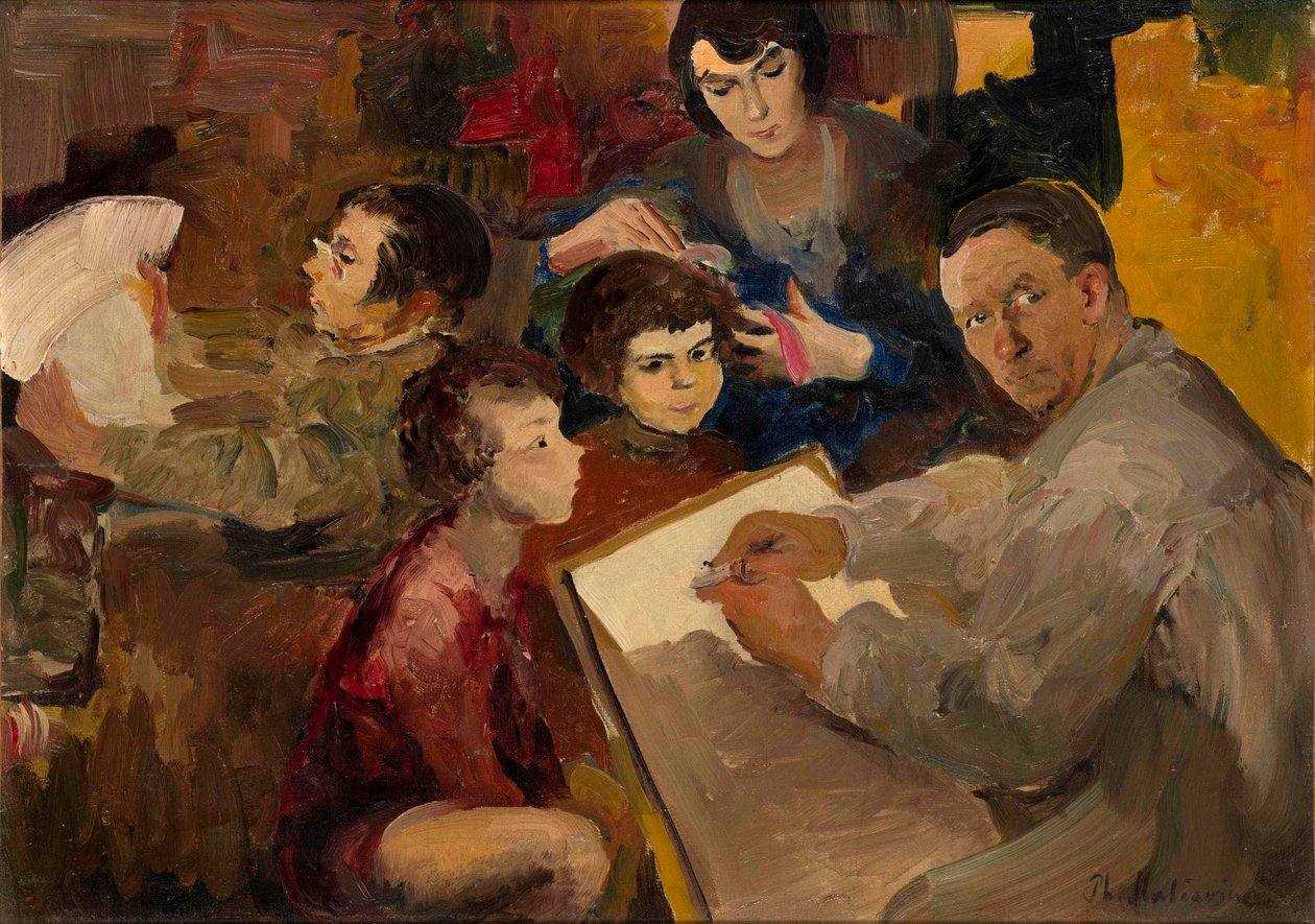 Autoportrait avec la famille (Self Portrait with Family) - Peinture de Filipp Andreyevich Maliavin (Maliavine) (ou Andreyevich Malyavin) (1869-1940), huile sur toile (46,5x64,5 cm), art russe, fin 19e-debut 20e siecle - Collection privee 作者 菲利普·安德烈耶维奇·马里亚温