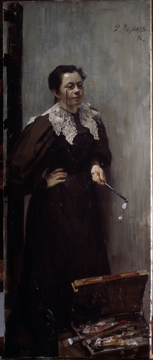 艺术家 A. Ostroumova Lebedeva（Ostroumova-Lebedeva）（1871-1955 年）的肖像。画中人站在她的绘画设备后面，鼻子上架着望远镜，手里拿着另一副望远镜。菲利普-安德的绘画 作者 菲利普·安德烈耶维奇·马里亚温