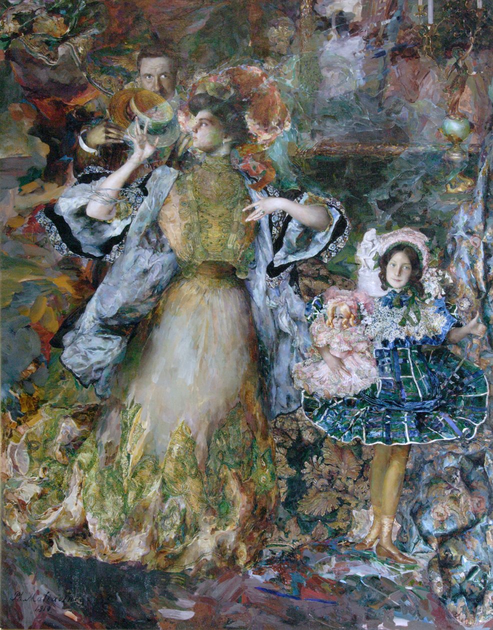 与妻子和女儿的自画像，1910年 作者 菲利普·安德烈耶维奇·马利亚文