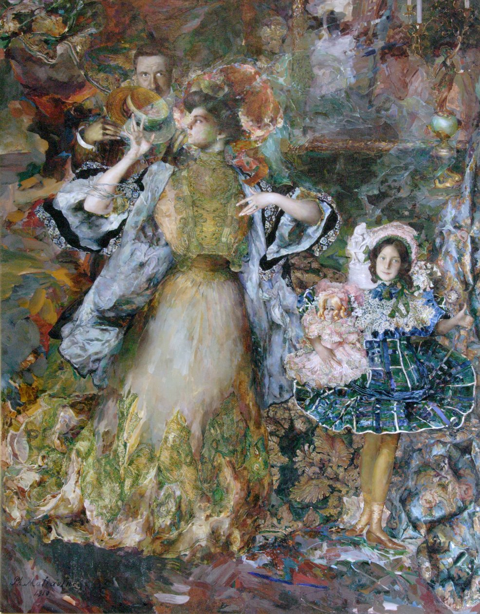与妻子和女儿的自画像》，1910年。   作者 菲利普·安德烈耶维奇·马利亚文