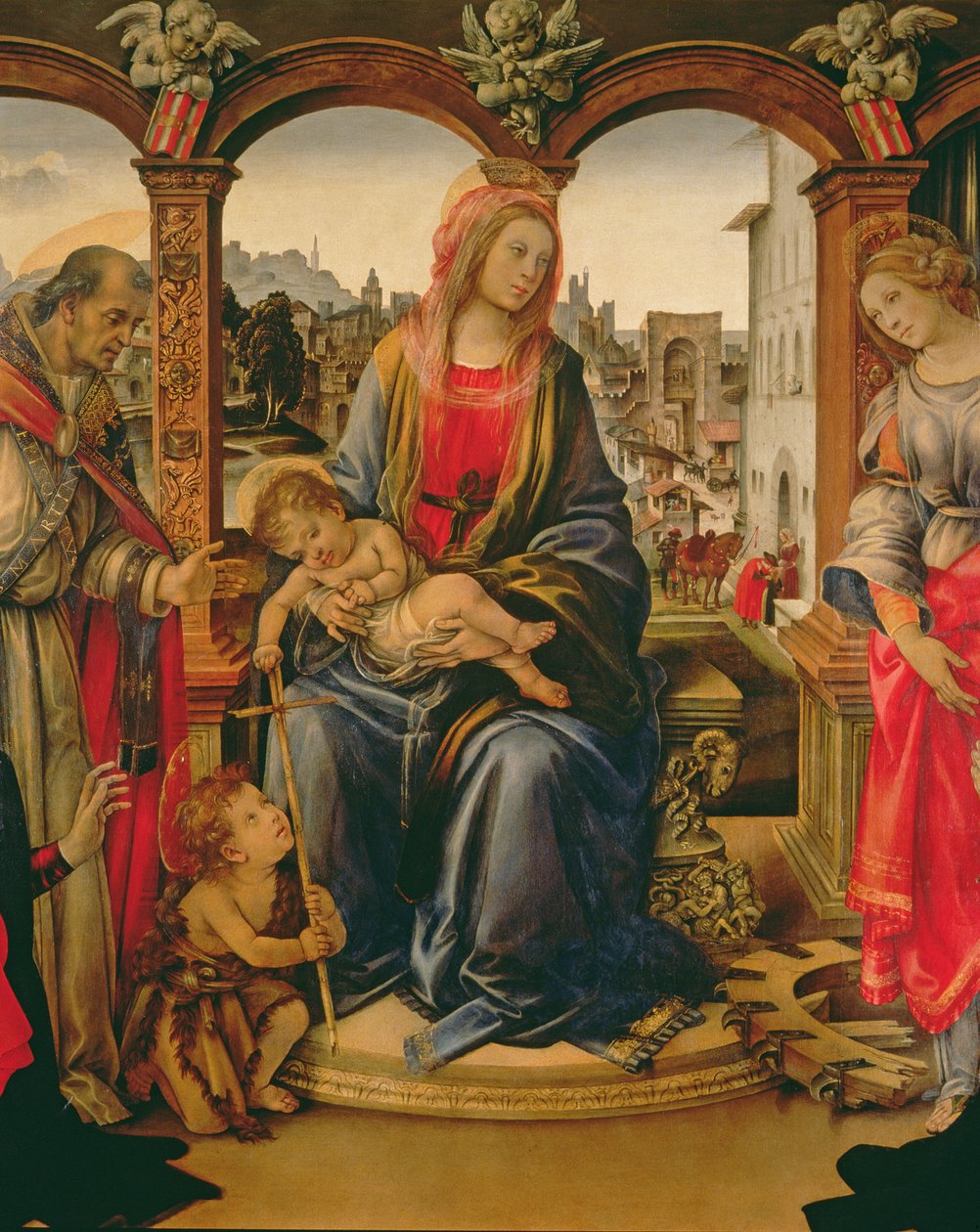 Nerli Altarpiece：麦当娜和儿童与年轻的圣约翰浸信会，圣马丁，圣凯瑟琳和捐助者Tanai和Nanna dei Nerli，1494细节58333 作者 菲律宾人利皮