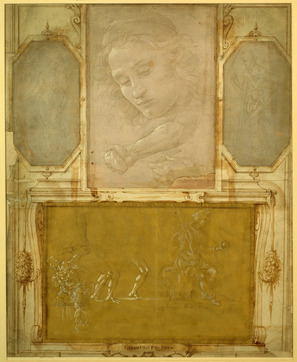 Vasari 的“Libro de” Disegni 中的一页（金属笔，白色加高，纸上钢笔墨水） 作者 菲律宾人利皮