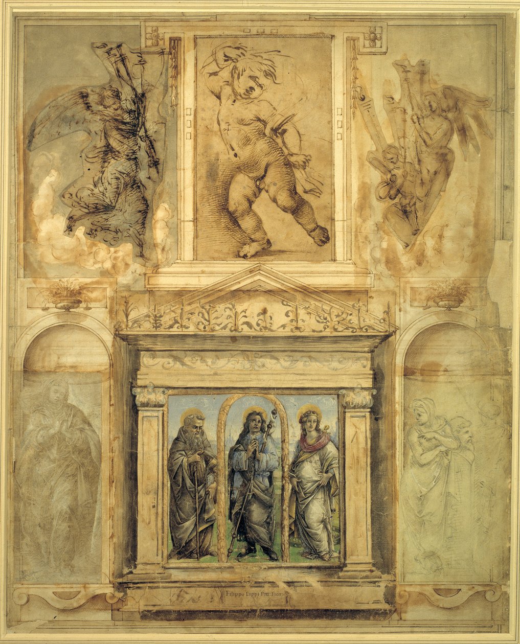 Vasari 的“Libro de” Disegni 中的一页（钢笔和棕色墨水，金属笔，水洗和粉笔在纸上） 作者 菲律宾人利皮