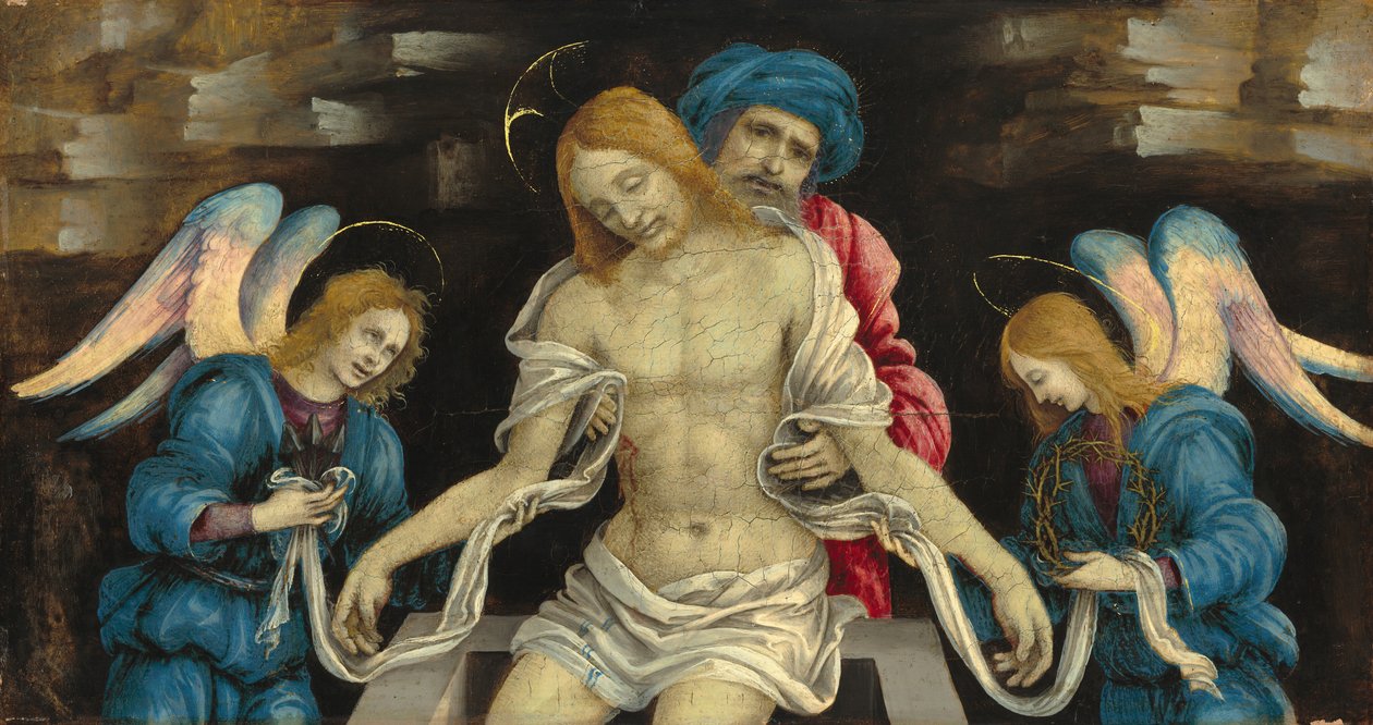 Pietà 死去的基督被Nicodemus和两个天使所哀悼，约1500。 作者 菲律宾人利皮