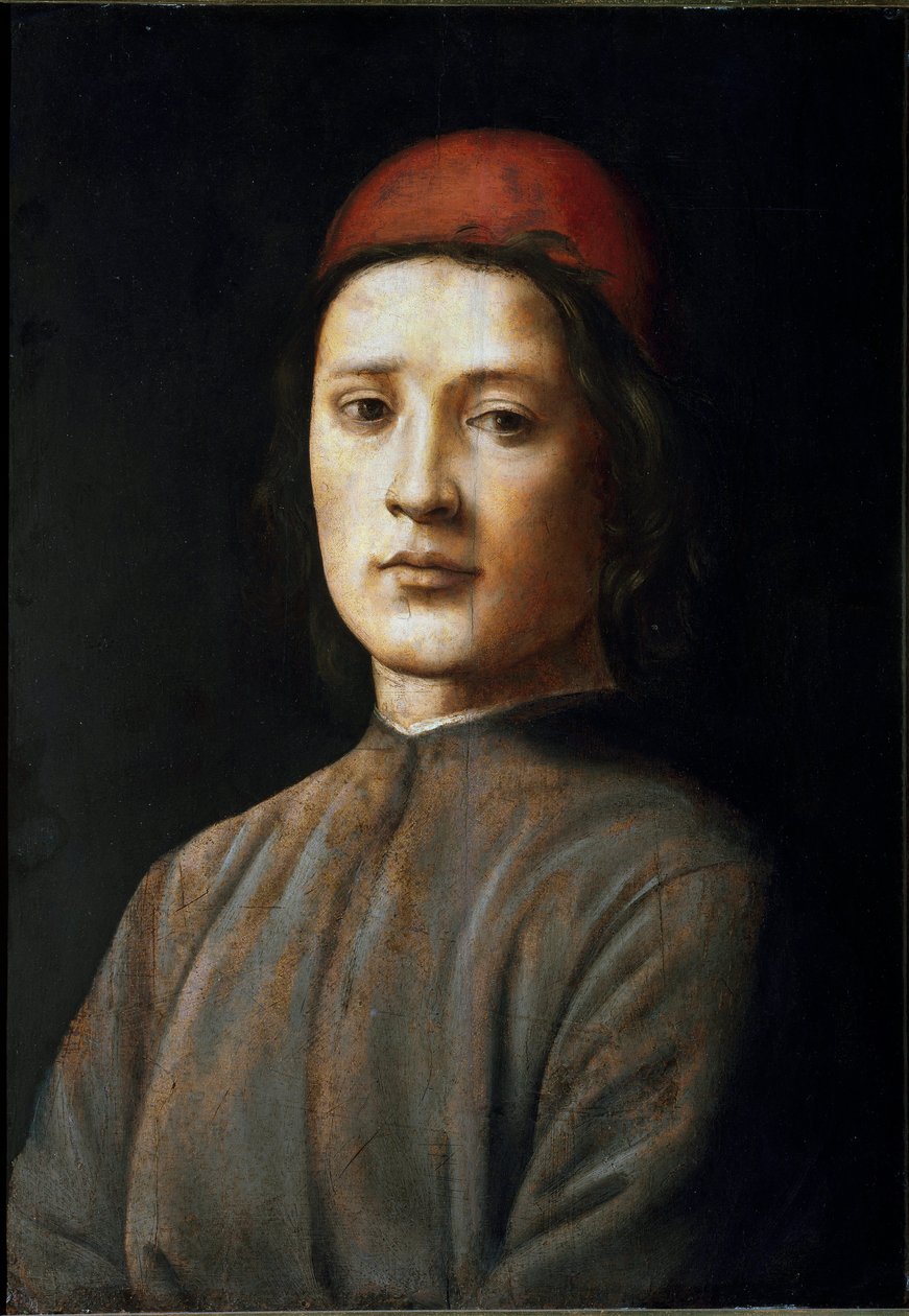 一个戴着红帽子的年轻人的肖像 菲律宾里皮 (1457-1504) 绘画 15 世纪佛罗伦萨，乌菲兹美术馆（办公室） 作者 菲律宾人利皮