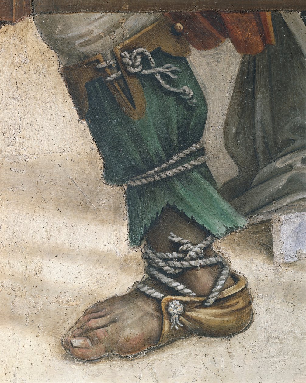 圣约翰福音传教士菲利皮诺·里皮 (Filippino Lippi) 的《复苏德鲁西亚娜》，鞋履细节，壁画 作者 菲律宾人利皮