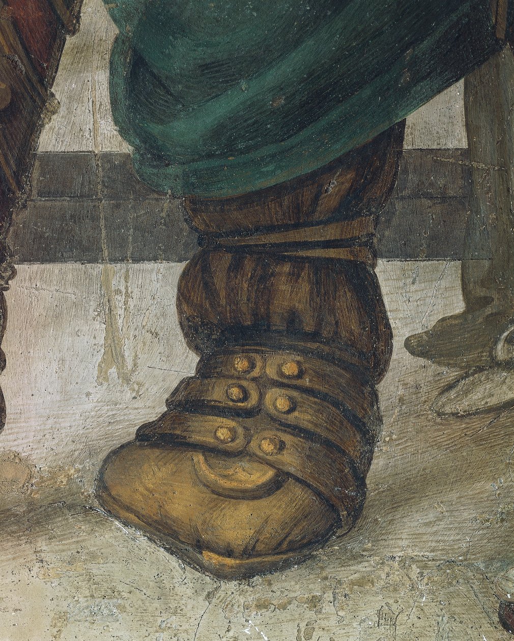 菲利皮诺·里皮 (Filippino Lippi) 创作的圣菲利普驾驶龙，来自希罗波利斯神庙，鞋履细节，壁画 作者 菲律宾人利皮