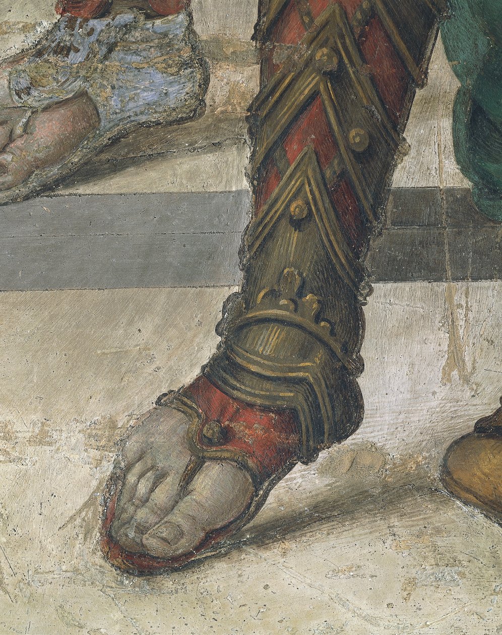 菲利皮诺·里皮 (Filippino Lippi) 创作的圣菲利普驾驶龙，来自希罗波利斯神庙，鞋履细节，壁画 作者 菲律宾人利皮