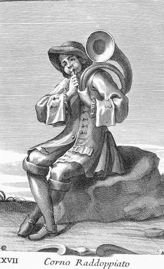 Doubled Horn，1722年来自Harmonic Cabinet的板XVII 作者 菲利波·波南尼（Filippo Bonanni）