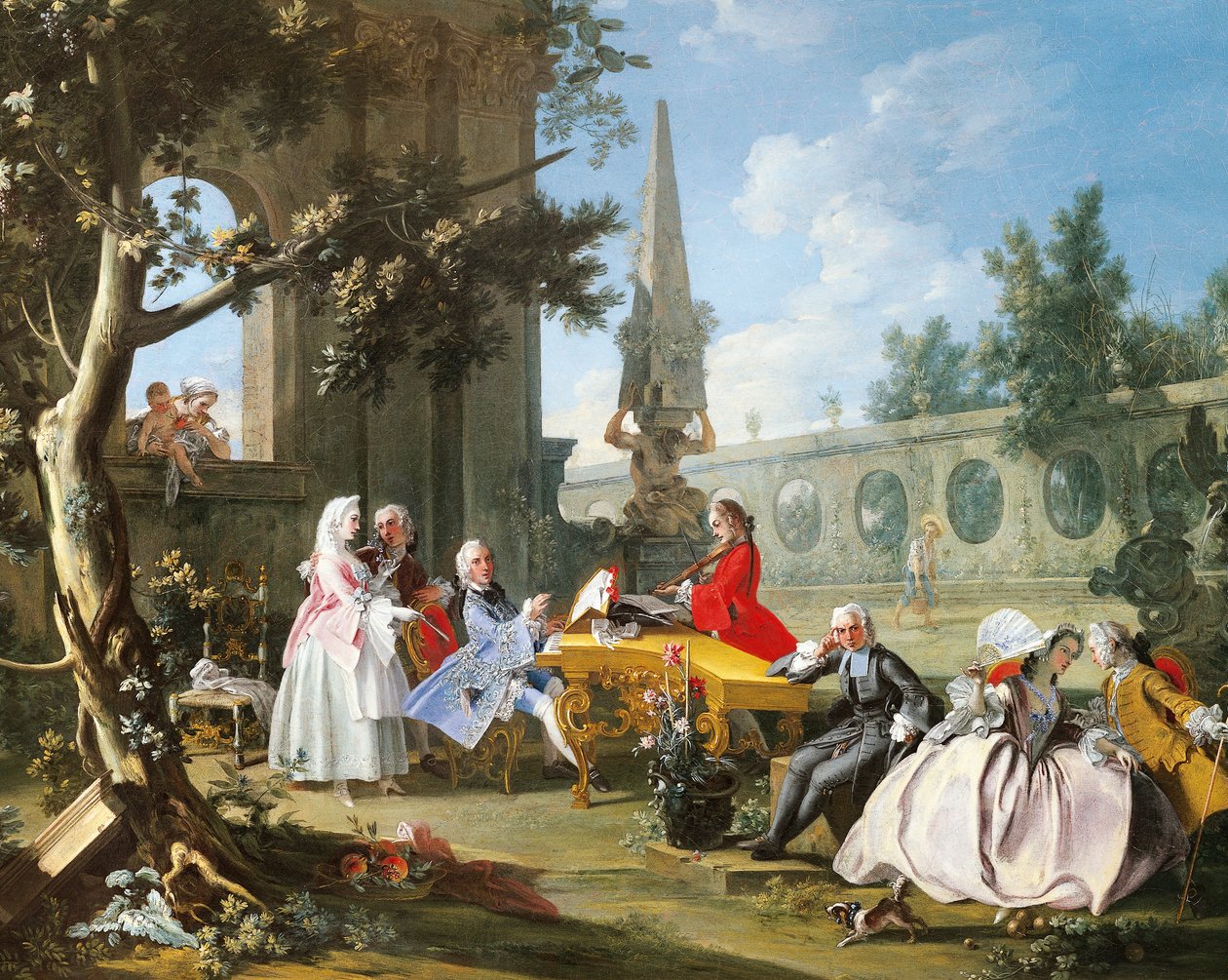 Filippo Falciatore（活跃于1737-1768年）的花园音乐会，布面油画，75.8 x 102厘米，细节，意大利，约1750年 作者 Filippo Falciatore