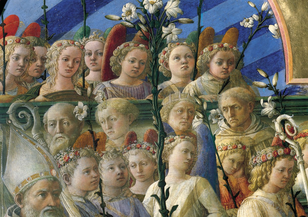 菲利波-里皮（Filippo Lippi，约 1406-1469 年）的《圣母加冕》（Incoronazione Maringhi 或 Coronation of Virgin），木板上的钢笔画，200x287 厘米，细节 作者 菲利波·利皮（Filippo Lippi）