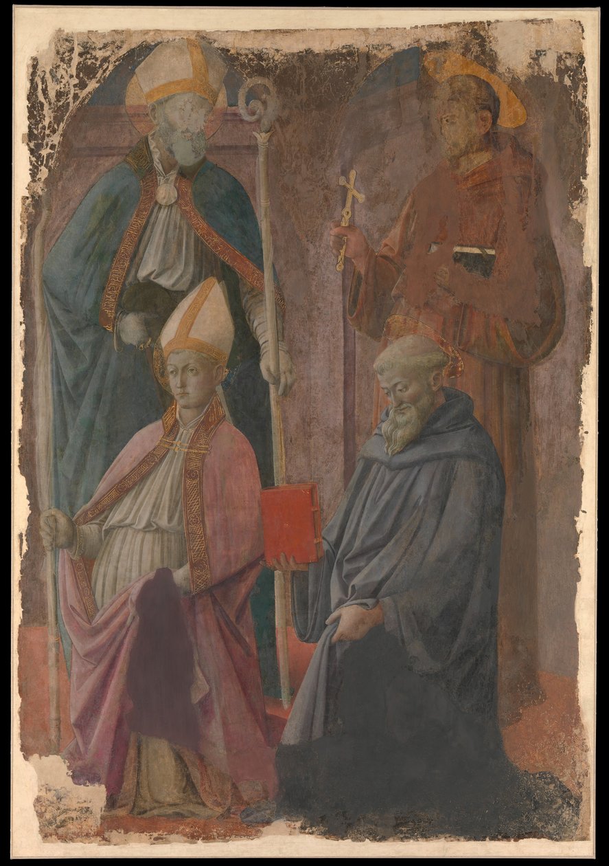 圣人奥古斯丁和弗朗西斯，一位主教圣人，以及圣本笃。 作者 菲利波·利皮（Filippo Lippi）
