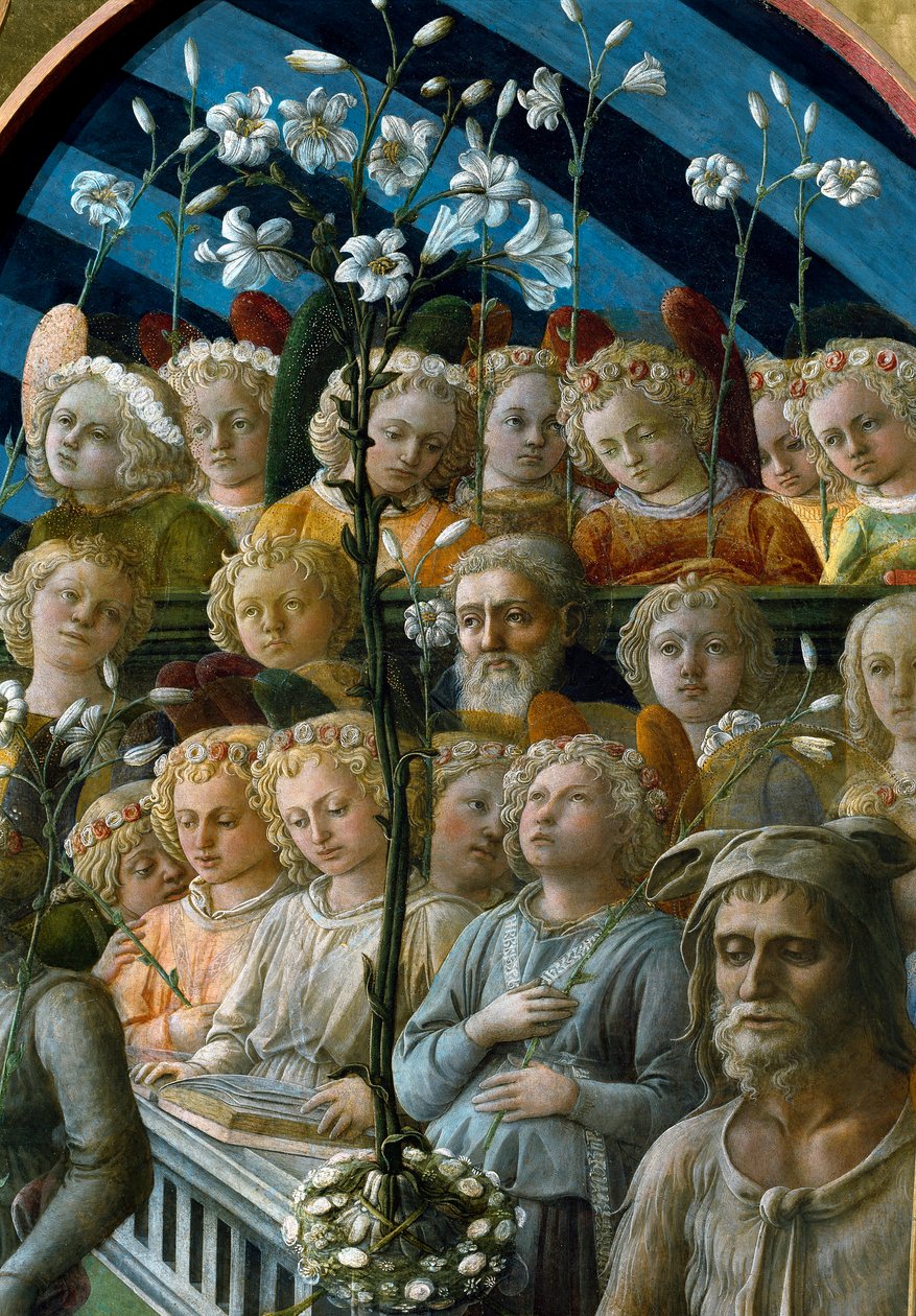 The coronation of the Virgin Detail of the chorist angels holding flowers of lilies. The character below right is Saint John the Baptist patron saint of Florence. Painting by Filippo Lippi (1457-1504) 作者 菲利波·利皮（Filippo Lippi）
