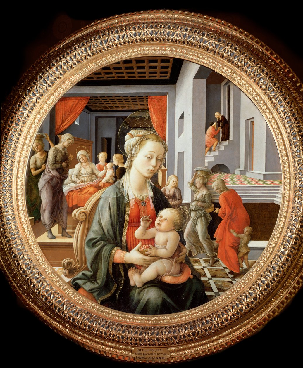 圣母与孩子和圣安妮的生活场景--油画板，约1450年 作者 菲利波·利皮（Filippo Lippi）