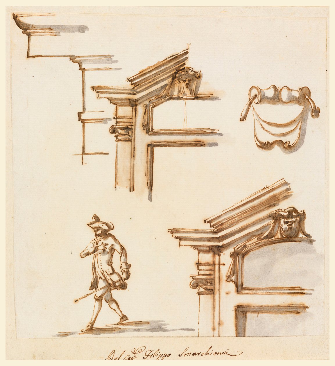 素描、建筑细节和人物研究，1760-1775 年 作者 菲利波·马基奥尼（Filippo Marchionni）