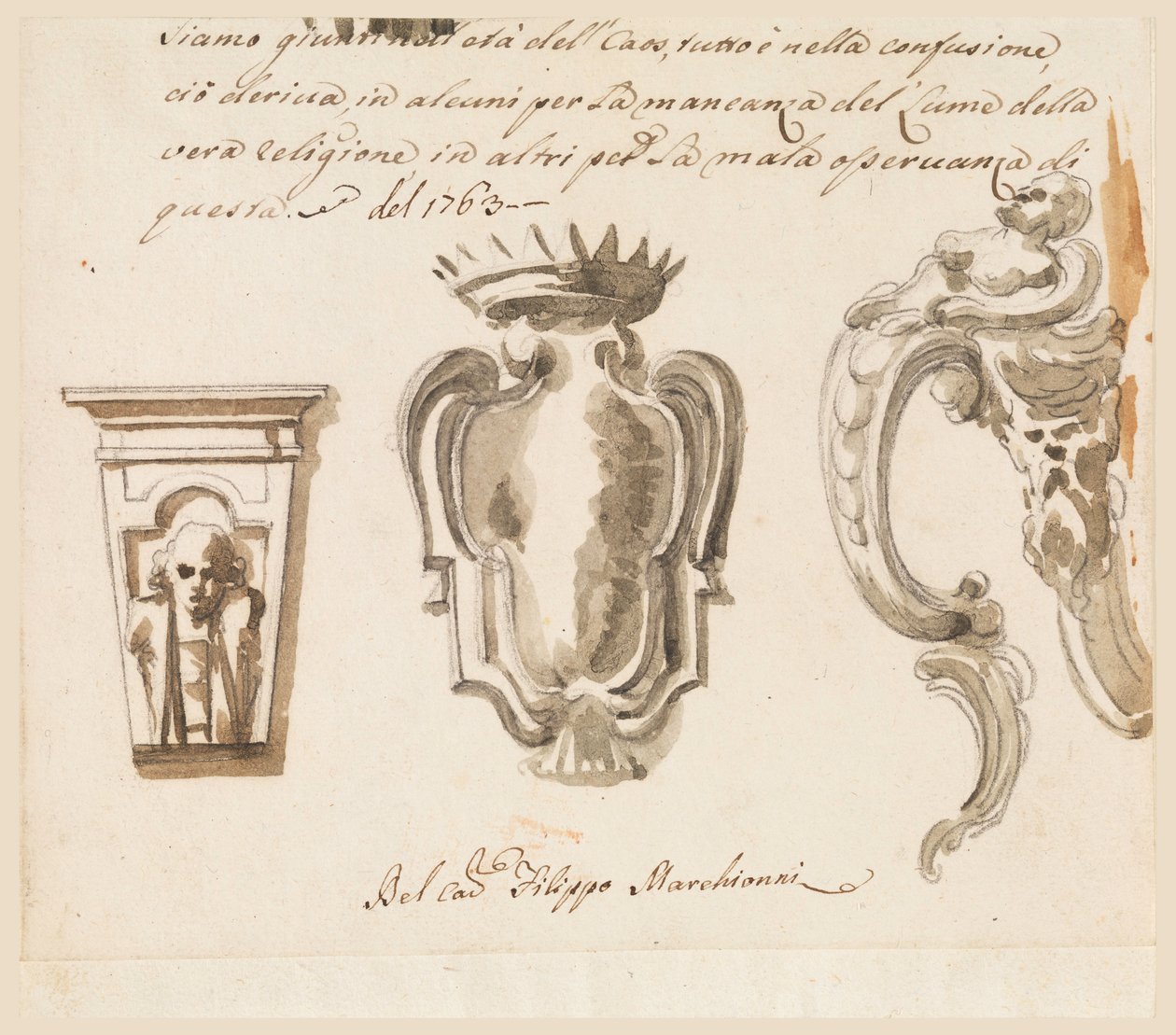 图纸，控制台和护罩设计，1763 年 作者 菲利波·马基奥尼（Filippo Marchionni）