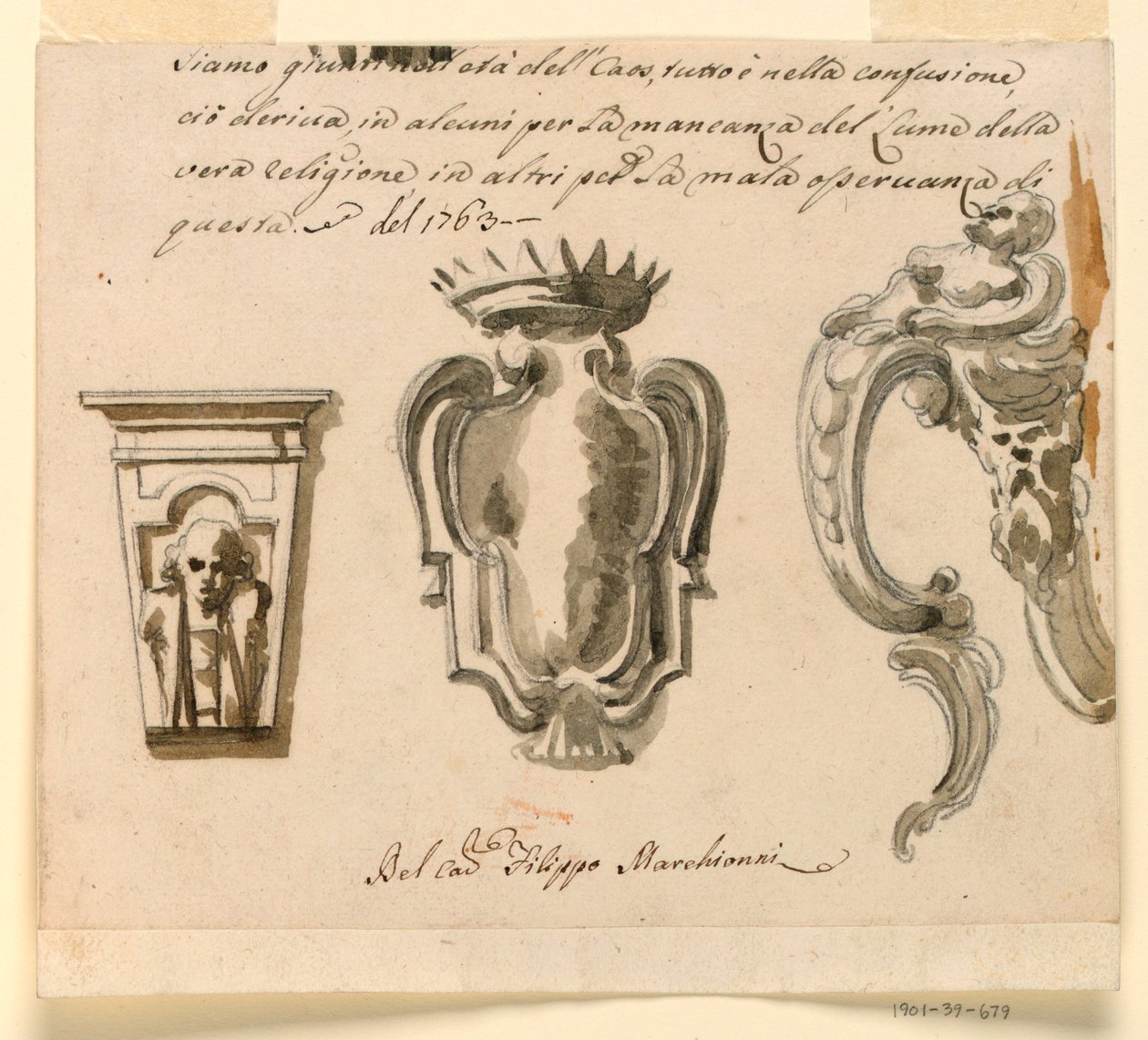 图纸，控制台和护罩设计，1763 年 作者 菲利波·马基奥尼（Filippo Marchionni）