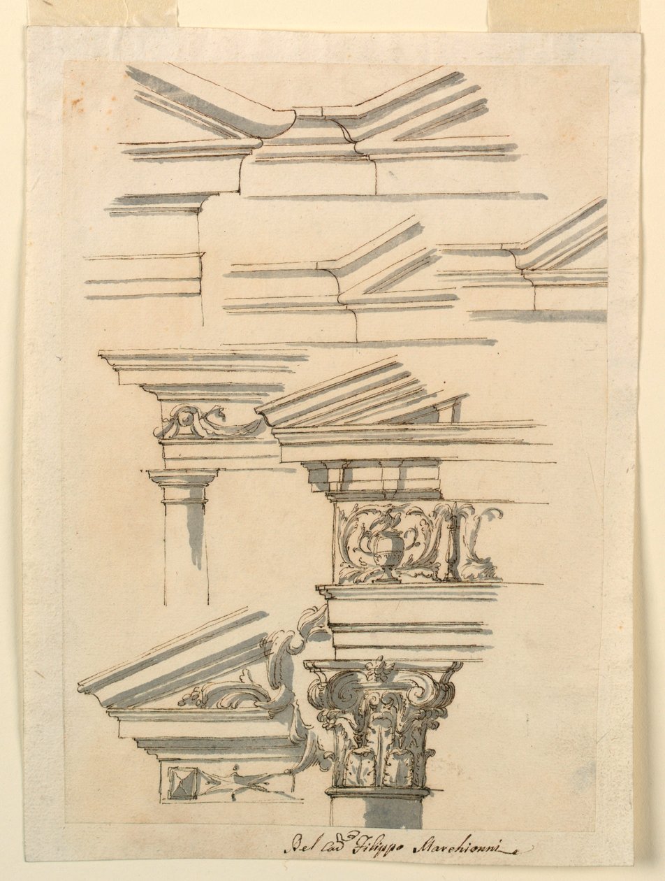 素描，门饰和楣饰研究，约 1770 年 作者 菲利波·马基奥尼（Filippo Marchionni）