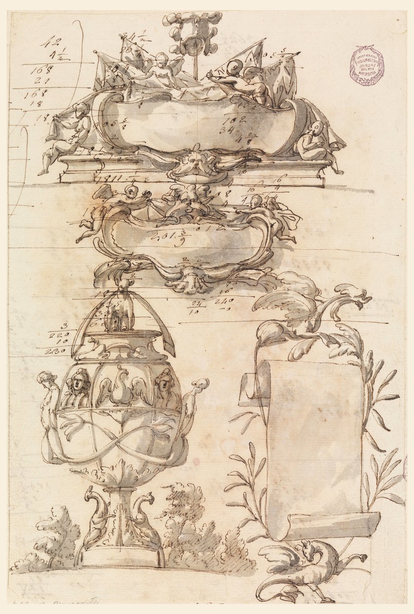 素描，两个装饰花瓶和一个卷轴，1750-75 年 作者 菲利波·马基奥尼（Filippo Marchionni）