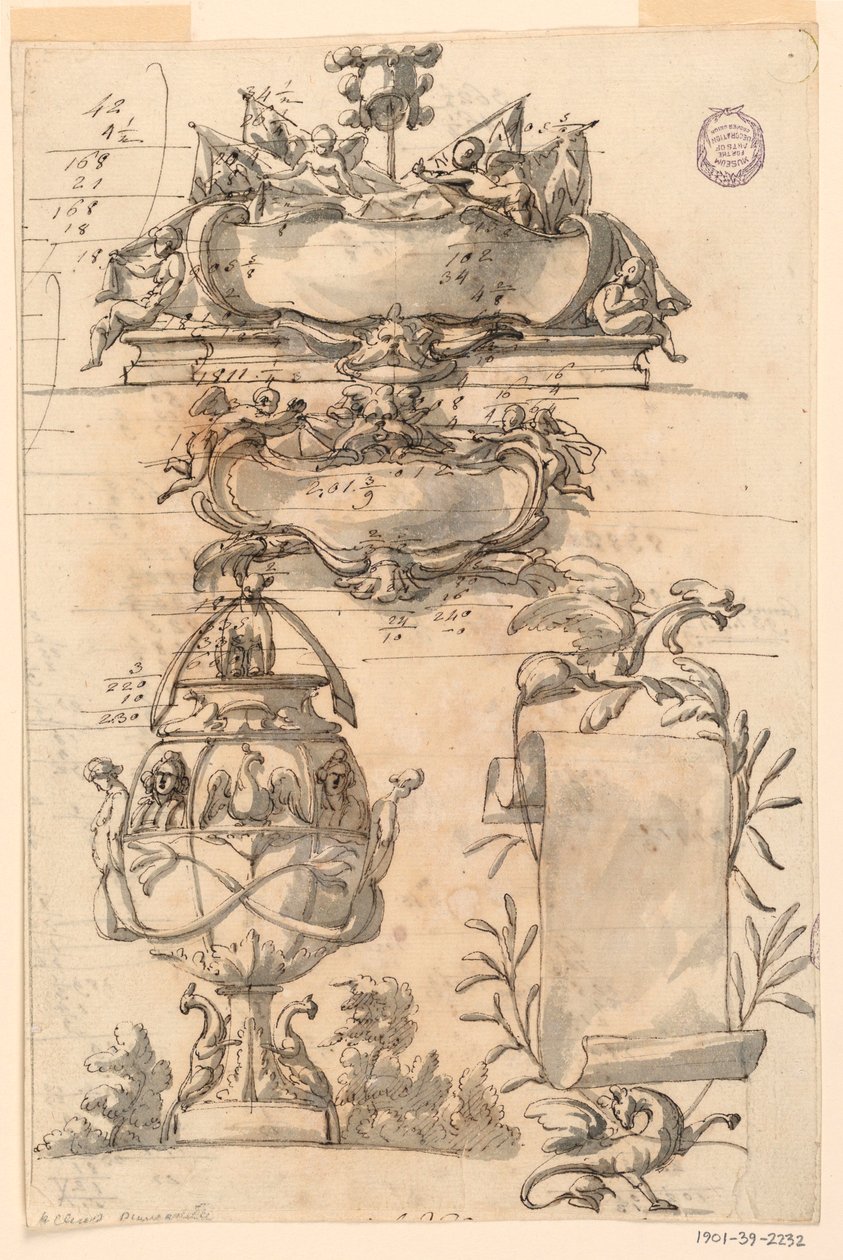 素描，两个装饰花瓶和一个卷轴，1750-75 年 作者 菲利波·马基奥尼（Filippo Marchionni）