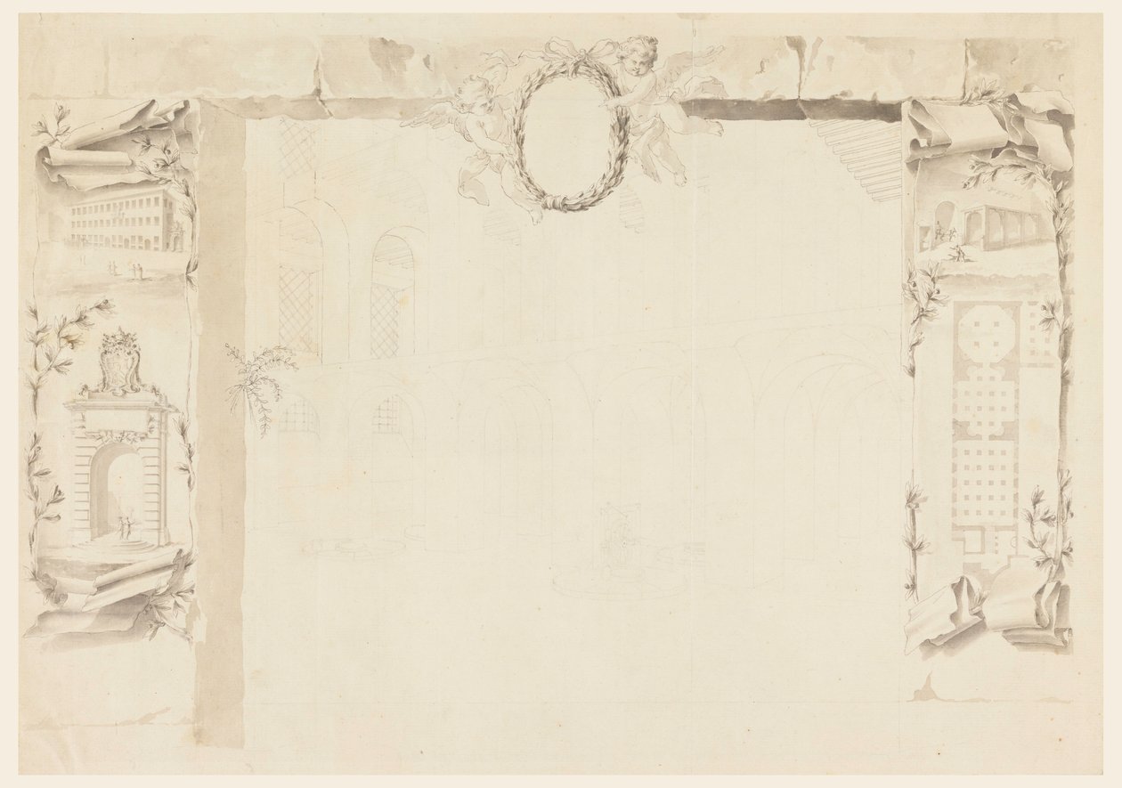 图纸，关于建立教皇工厂（阿诺纳杂志）的纪念页未完成设计，1760-69 年 作者 菲利波·马基奥尼（Filippo Marchionni）