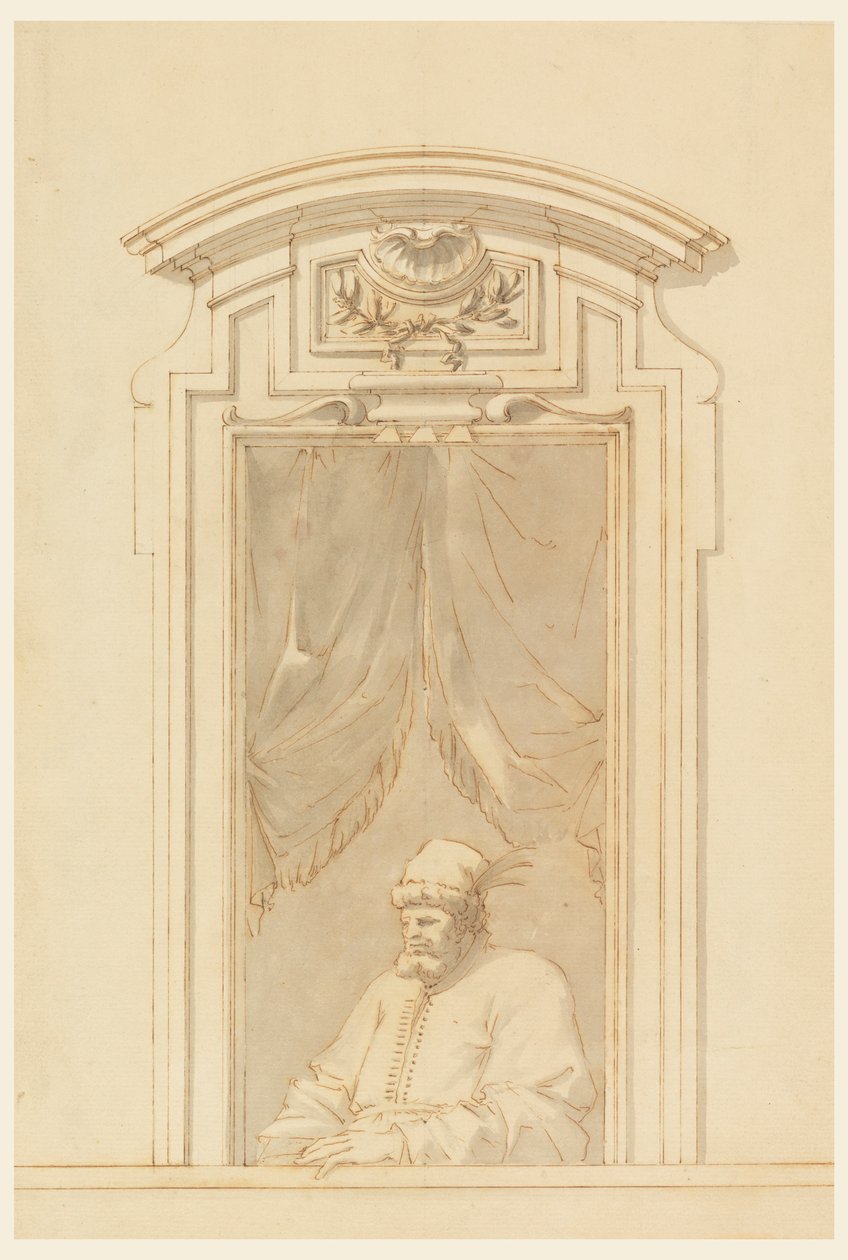素描，窗橱和土耳其人的半身像，1750-70 年 作者 菲利波·马基奥尼（Filippo Marchionni）
