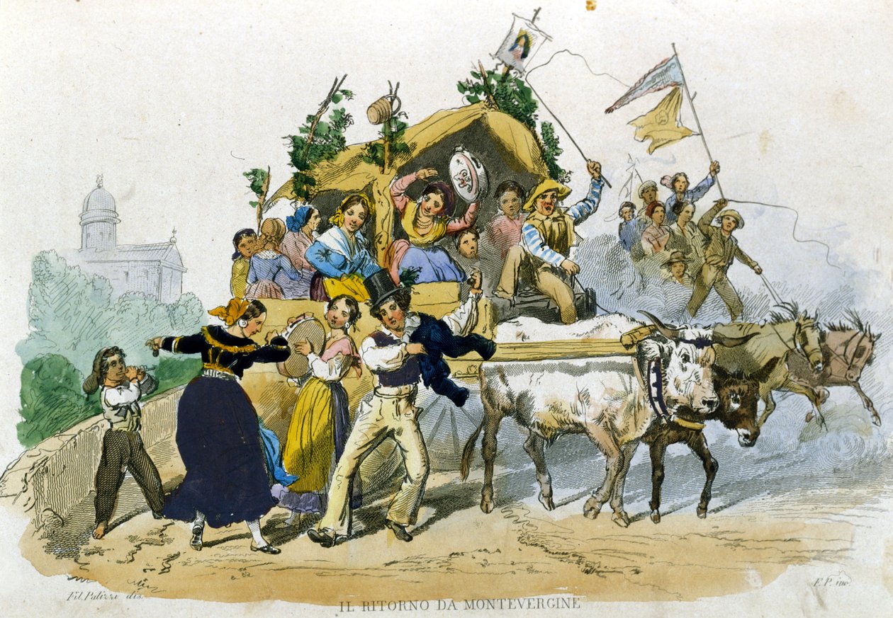 那不勒斯人从远足到 Montevergine 后兴高采烈地回来了。 F. Palizzi 从 De Bourcard 的“Costumi del regno di Napoli”中绘制 作者 菲利波·帕利齐
