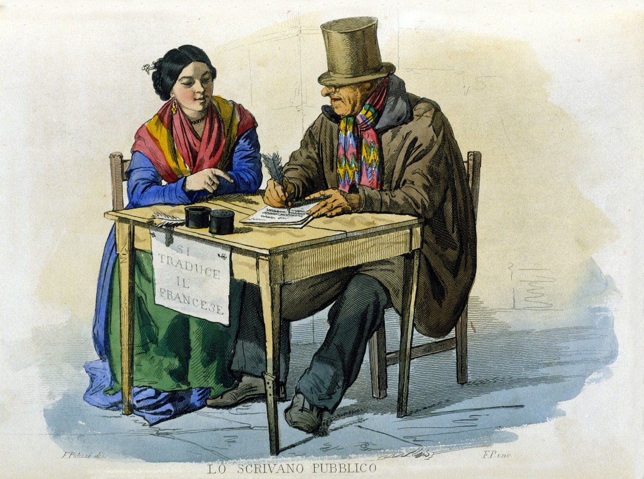 那不勒斯市的小企业：公共作家。根据F. Palizza的画作雕刻。摘自Francesco de Bourcard的作品 "Costumi del regno di Napoli" 作者 菲利波·帕利齐