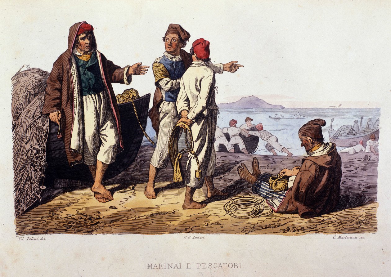 Small metier of the Kingdom of Naples: sailors and fishermen. Engraving after a painting by F. Palizza. From a work by Francesco de Bourcard “” Costumi del regno di Napoli”” 作者 菲利波·帕利齐