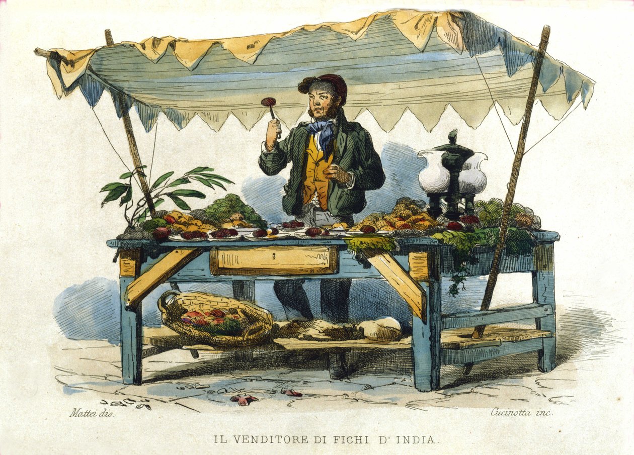 那不勒斯市的小店主：刺钉的卖家。 在 F. Palizza 的一幅画之后雕刻。 来自 Francesco de Bourcard 的作品“” Costumi del regno di Napoli”” 作者 菲利波·帕利齐
