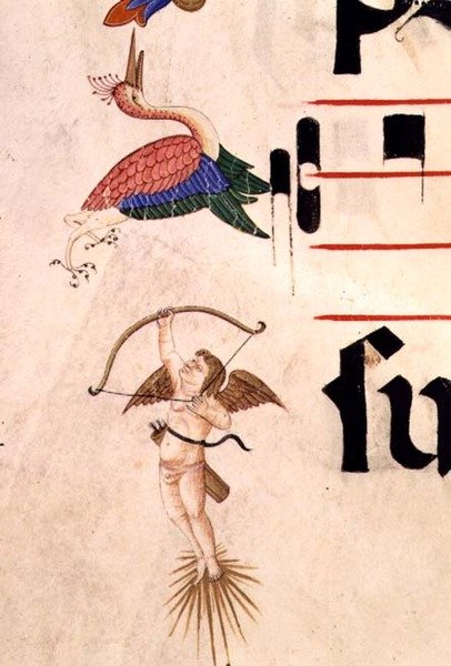 Missal 515 f.5r 一个小天使用弓和无形的箭射杀一只鹳，1449年前执行的唱诗班书的装饰边框细节（牛皮纸）。 作者 Filippo di Matteo Torelli