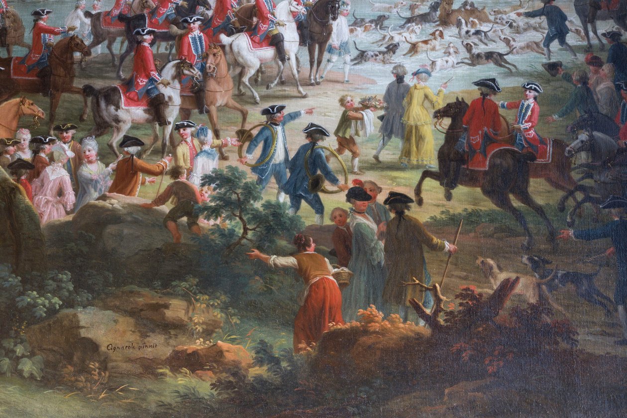 猎鹿，维托里奥·阿梅代奥·西格纳罗利（Vittorio Amedeo Cignaroli，1730-1800 年）创作，布面油画，乡绅大厅，狩猎住宅，菲利波·朱瓦拉（Filippo Juvarra，1678-1736 年）创作，意大利皮埃蒙特斯图皮尼吉 作者 Filippo或Juvara Juvarra