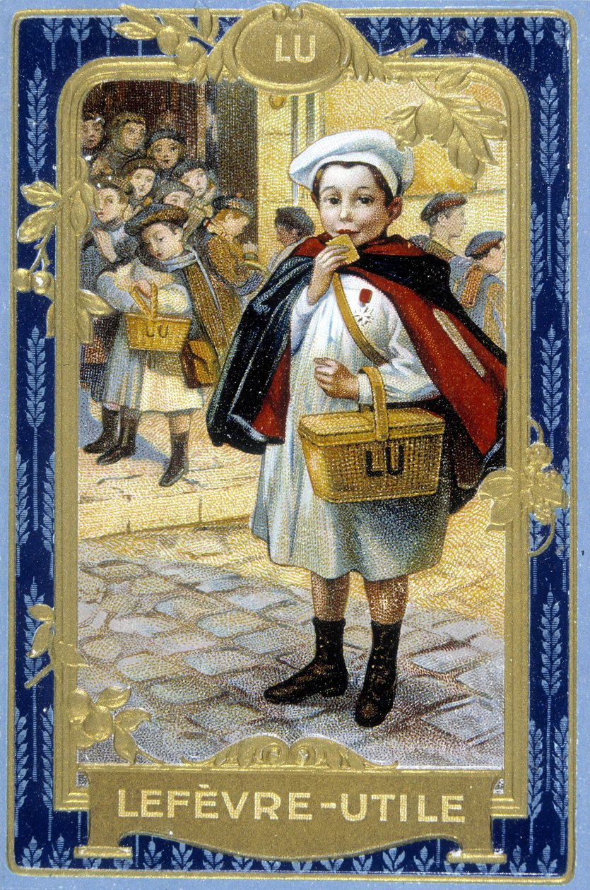 饼干的广告 "Lefèvre-Useful:卢"（小学生）。19世纪，根据Firmin Bouisset的原画制作的彩色石版画。 作者 Firmin（后）Bouisset