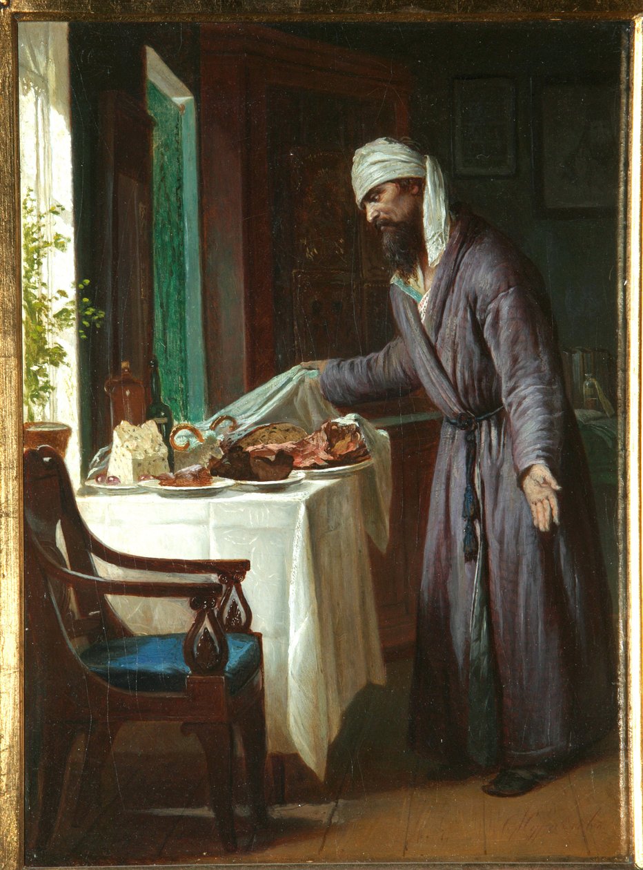 早晨的宿醉 - Firs Sergeevich Zhuravlev（1836-1901 年）的画作，布面油画，40x29.6 厘米，19 世纪晚期 - 私人收藏 作者 谢尔盖耶维奇·朱拉夫列夫一世