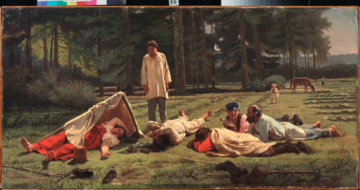 Sieste lors de la recolte de foin (Rest at the Hay Harvest) - Firs Sergeevich Zhuraviev (1836-1901)的画作，布面油画 作者 谢尔盖耶维奇·朱拉夫列夫一世