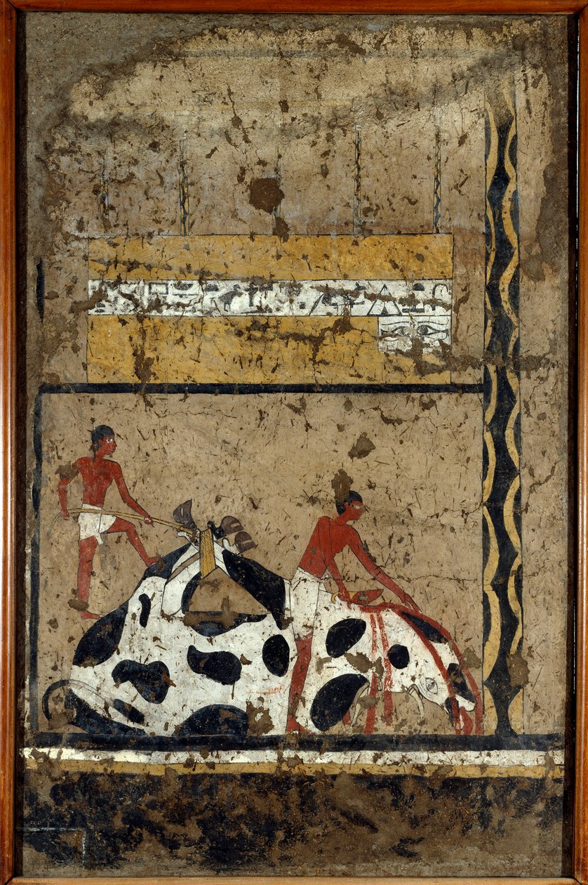 Egyptian antiquitis: a bull is sacrificed before a sarcophagus. Detrempe on clay and straw from the tomb of the General and Chancellor of King Iti in El Ghebelen near Luxor. 2200-2000 BC. Turin, Egyptian museum 作者 第一中级埃及