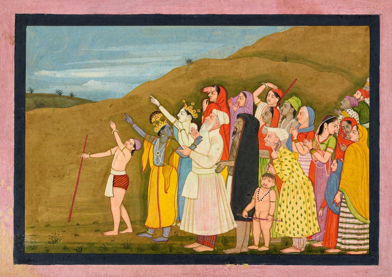 克里希纳和他的家人欣赏日食，也许是 "Kangra/Modi"<em>Bhagavata Purana</em>的一页。 作者 纳因苏克之后的第一代