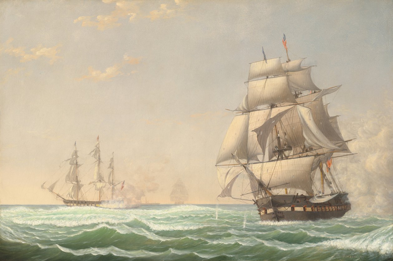 美国总统号护卫舰与英国中队交战，1815年，1850年。 作者 菲茨休莱恩