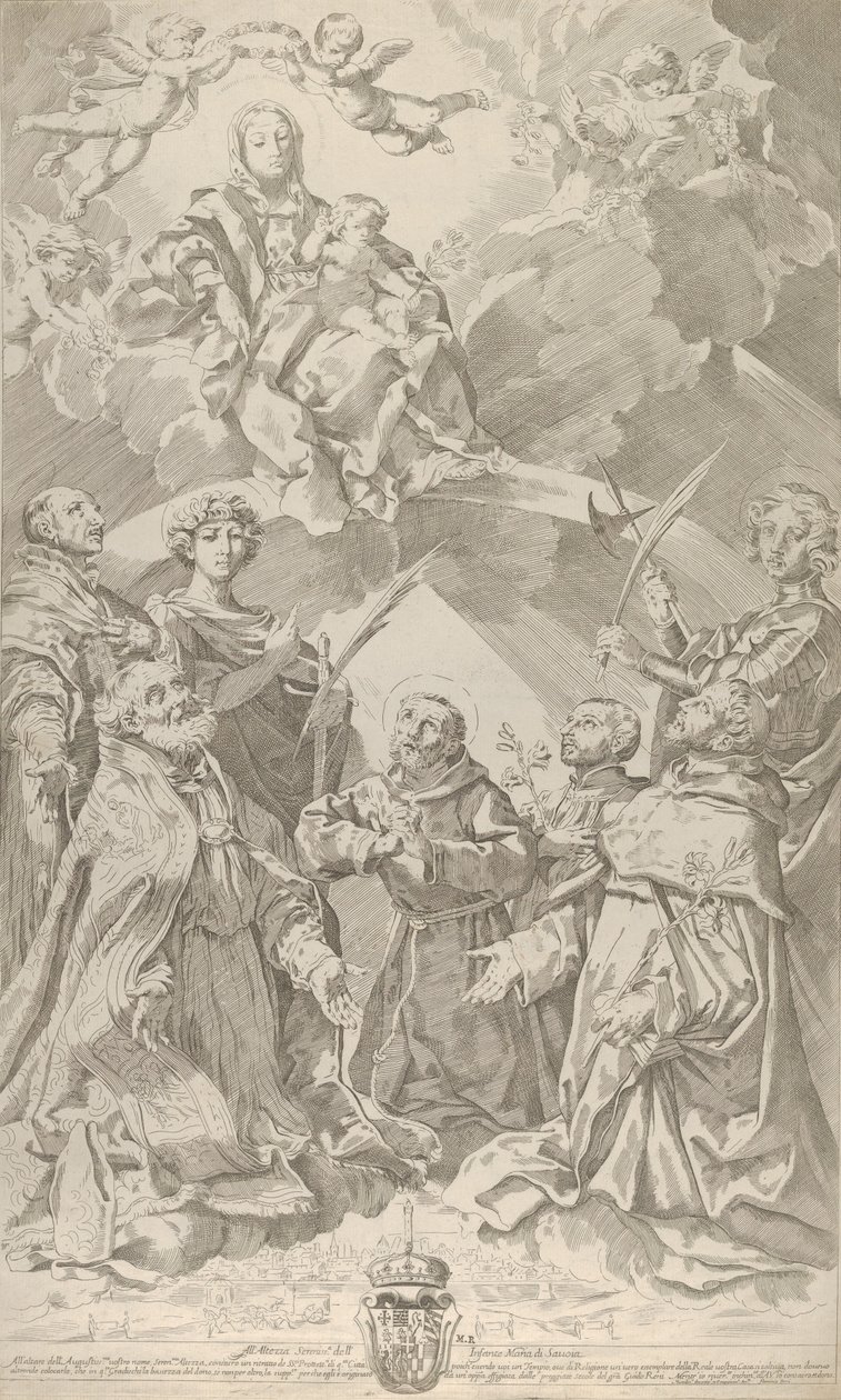 博洛尼亚的守护神仰望着坐在云中的圣母...，1640-50。 作者 Flaminio Torre