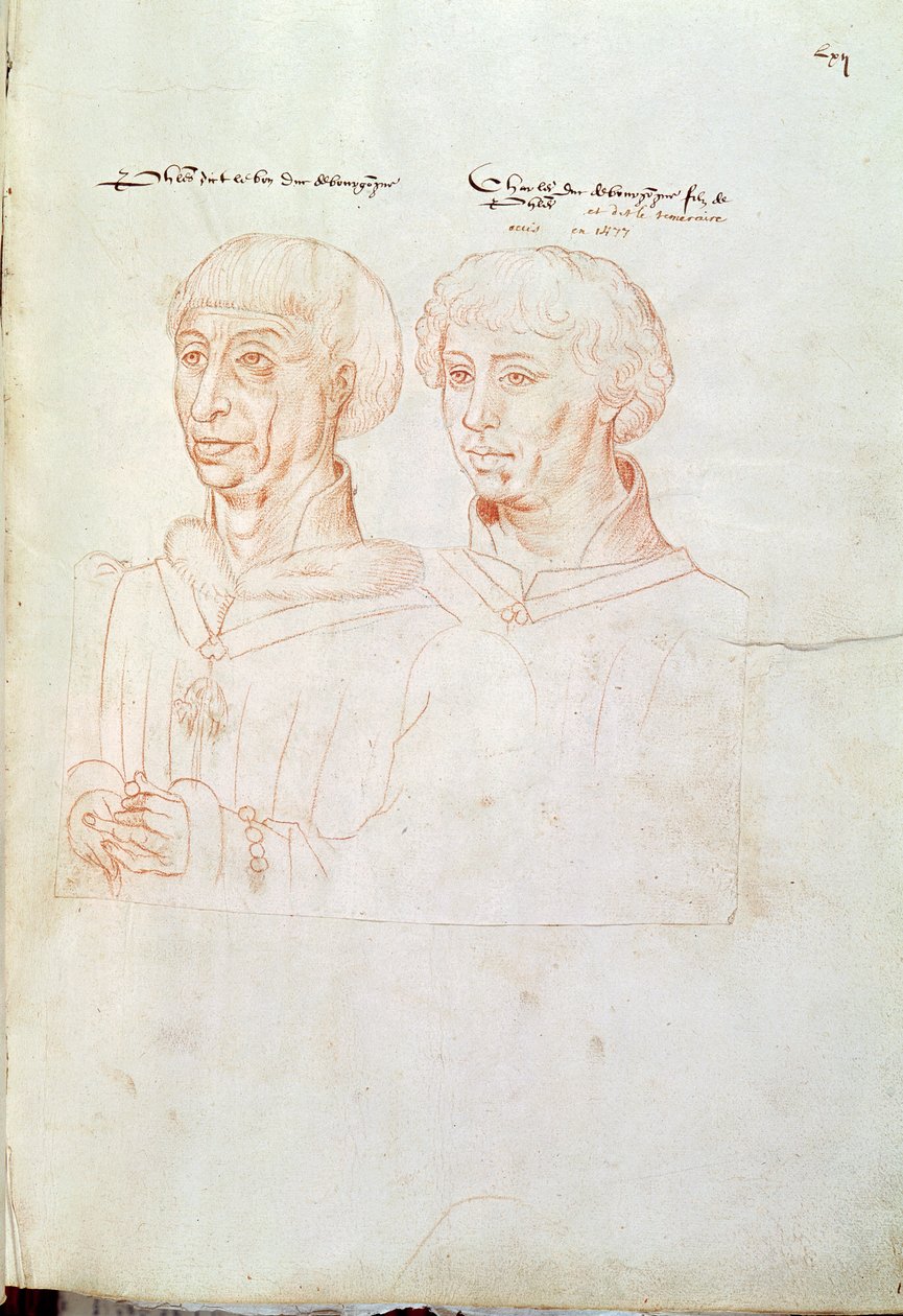 266 f.61 Philip III the Good（1396-1467）勃艮第公爵和他的儿子Charles the Bold（1433-77）来自&39;Recueil d&39;Arras&39;（红色粉笔在纸上） 作者 佛兰芒学校