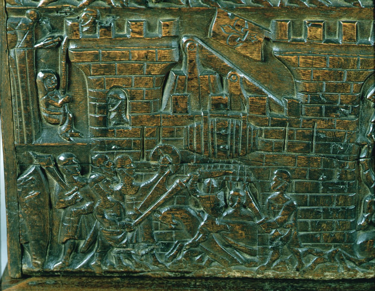Courtrai Chest描绘了金色马刺战役期间Courtrai驻军的袭击，于1302年在Courtrai战斗（木头）（细节） 作者 佛兰芒学校